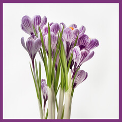 Bouquet of blossom crocus flowers purple colors with frame. Greeting card spring holidays, 8 March, mothers day.