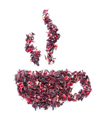 Cup made of dry hibiscus tea on white background