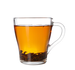 Cup of hot aromatic tea on white background