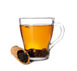 Cup of hot aromatic tea on white background