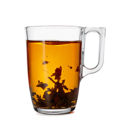 Cup of hot aromatic tea on white background