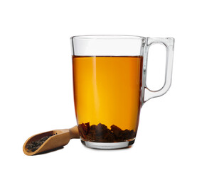 Cup of hot aromatic tea on white background