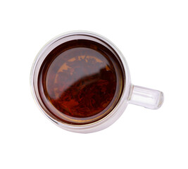 Cup of hot aromatic tea on white background