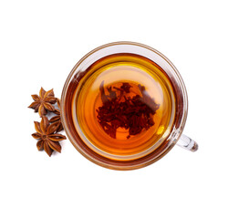 Cup of hot aromatic tea on white background