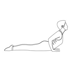 Continuous line of woman doing Yoga in Cobra pose. Yoga exercise concept vector