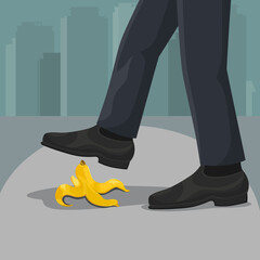 Businessman leg step on business banana peel, illustration vector cartoon