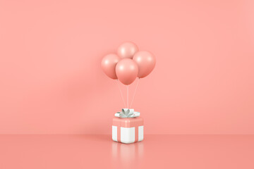 White gift box with white ribbon and pink balloon on pastel pink background. Concept of marketing and advertising. 3d rendering mock up.
