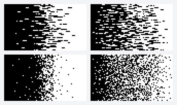 Pixel gradient. Smooth transition from black to white. Random arrangement of black and white squares. Halftone vector texture.