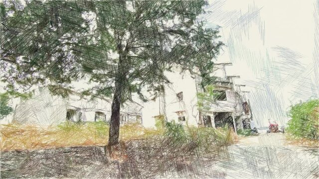 drawing color of abandoned  building in country garden