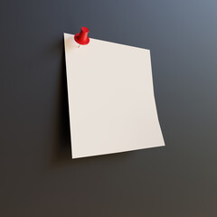 Blank paper note pin on black board. 3d render illustration. Mock up or template background.