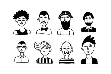Doodle man. Hand drawn male faces with contemporary haircut and beard, social media user avatars, hipster man portrait, modern fashion icon, line black and white vector isolated cartoon set