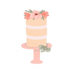 Wedding cake. Hand drawn festive cake in pastel colors with cream decorated with flowers and leaves, contemporary birthday delicious confectionery collection, modern vector isolated single