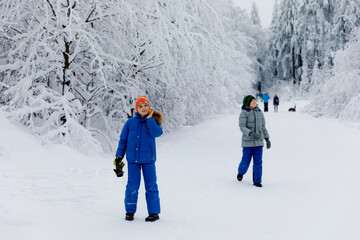 Fototapeta na wymiar Two school kid boy walking in snowy winter forest. Happy children having fun outdoors in winter. Family, siblings and brothers hiking and walking together, outdoors. Active leisure with kids