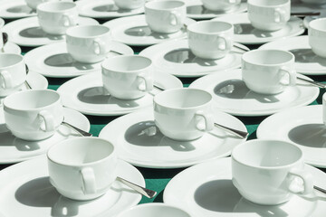 Group of empty coffee cups of white cup for service tea or coffee in meeting.