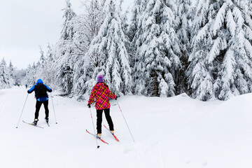 Group of people cross country skiing on beautiful winter day. Cross-Country Skiing in Germany, in...