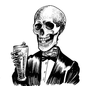 Human skeleton drinking glass of beer. Ink black and white drawing