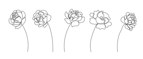 Continuous Line Drawing Set Of Plants Black Sketch of Flowers Isolated on White Background. Flowers One Line Illustration. Minimalist Prints Set. Vector EPS 10.