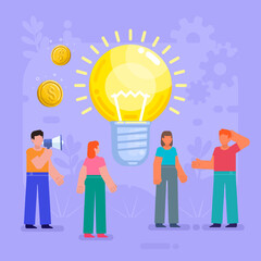 Brainstorm, discuss, generate idea. Group of people talk, stand near big idea bulb. Modern vector illustration