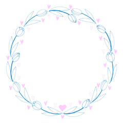 Vector round frame, wreath from outline tulips and hearts. Spring flowers. Hand drawn doodle isolated. Background, border, decoration for greeting card, invitation, Valentine's, Women's or Mother day