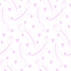 Fototapeta na wymiar Vector seamless pattern with outline tulip flowers and hearts. Hand drawn doodle spring texture, background. For wrapping paper, textile, mother's or women's or Valentine's Day
