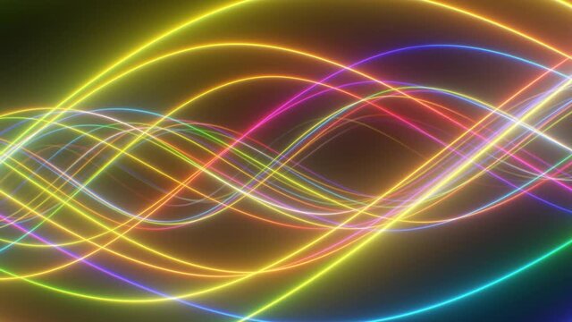 Abstract Rainbow Neon Tube Light Wave Curves Glow Bright Spectrum - 4K Seamless VJ Loop Motion Background Animation