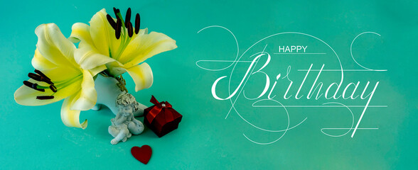 postcard , Internet banner , flat lay with a birthday greeting, with the inscription - happy birthday