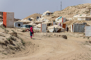 Daily refugee village life in Badghis, Afghanistan in the desert.