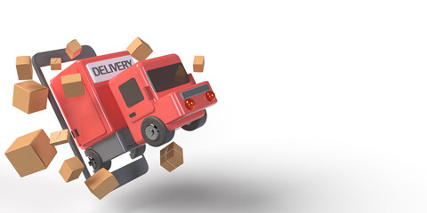 Fototapeta premium Red truck driving from smartphone screen and box container for transport product to customer shopping online order. 3D illustration model concept delivery with copy space on white isolate background
