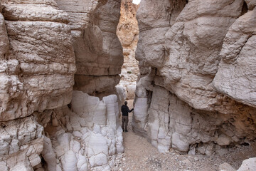 Hiker on a hiking trail inside a deep dry canyon in a remote desert region. High white walls of a narrow canyon, rock formations of unusual shapes.