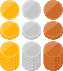 シンプルな金貨、銀貨、銅貨のイラストセット