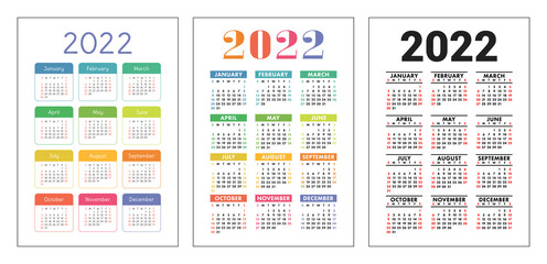 Calendar 2022 year set. Vector pocket or wall calender template collection. Week starts on Sunday. January, February, March, April, May, June, July, August, September, October, November, December