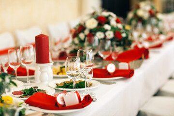 Table set for wedding or another catered event dinner.
