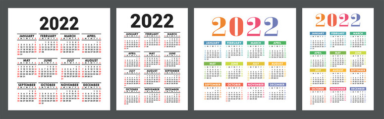 Calendar 2022 year. English colorful vector set. Vertical and square wall or pocket calender template. Design collection. New year. Week starts on Sunday