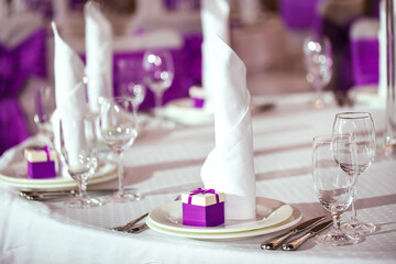 Table set for wedding or another catered event dinner.