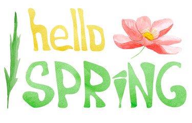 Hand lettering hello spring yellow and green letters and red flower and green leaf.