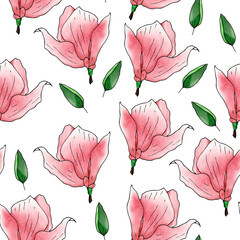 Pink magnolia flowers and small leaves on a white background seamless pattern