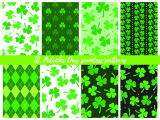 Set of St. Patrick's Day seamless patterns;  vector backgrounds for wrapping paper, packaging, fabric, textile, etc.