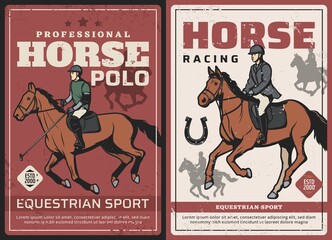 Horse racing and polo sport retro posters. Polo player with mallet, horseman or jockey in racing apparel riding stallions vector. Equestrian sport club, team or sport competition vintage banners
