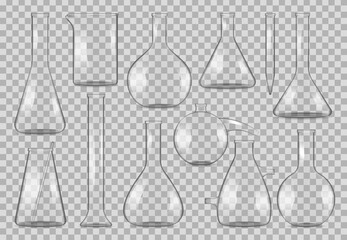 Chemical flask, laboratory glass beakers and lab glassware vector realistic mockups. Chemical laboratory test flasks or bulb vials and bottles or measure jar, isolated on transparent background
