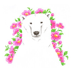 花を背景にしたホッキョクグマの点描画