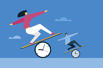 Conceptual illustration of people moving ahead by a balanced walk on a clock