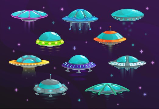 UFO and alien spaceship cartoon set of vector spacecraft. Space ships, rockets, unidentified flying objects and flying saucers in shape of disk with glass domes, light and stars, game animation design