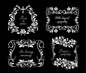 Funeral memorial frames with floral ornaments. Funerary card decoration border with roses and violets flowers, leaves on stem engraved vector. Mourning plaque or plate frame with condolences and cross