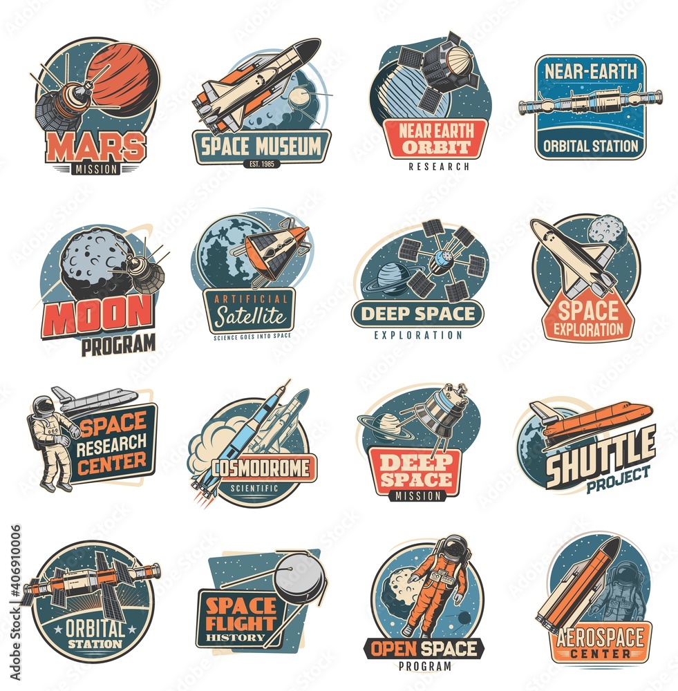 Poster space vector retro icons mars mission, space museum and near earth orbital station, moon program, ar