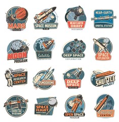 Space vector retro icons mars mission, space museum and near earth orbital station, moon program, artificial satellite and deep space exploration. Research center, cosmodrome and shuttle project set © Vector Tradition