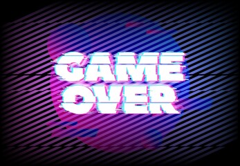 Glitch effect for game over page. Abstract vector background with blue and purple neon glitched diagonal stripes and round colorful shapes. Vintage poster with digital noise distortion lines