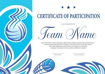 Certificate for volleyball tournament participation. Sports club diploma vector template. Sport award and achievement border design with ball and basket. School league or beach volleyball competition