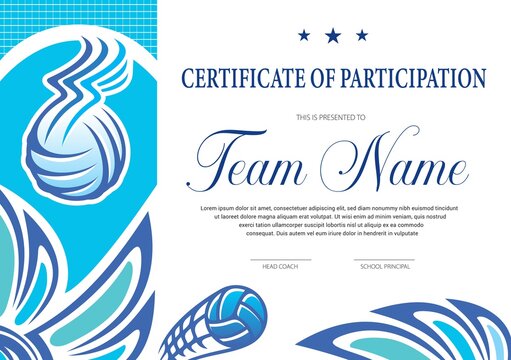 Certificate for volleyball tournament participation. Sports club diploma vector template. Sport award and achievement border design with ball and basket. School league or beach volleyball competition