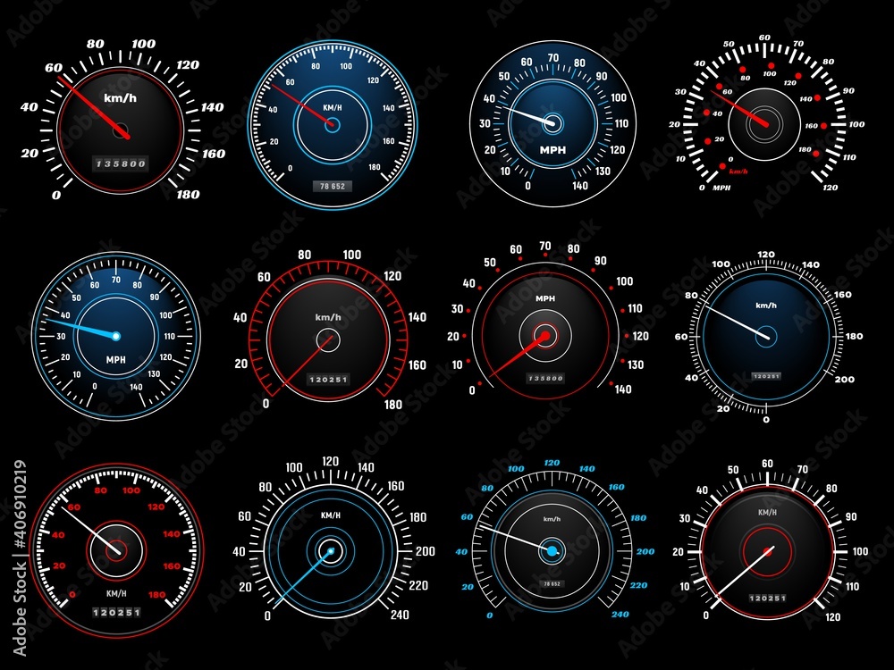 Leinwandbilder speedometers, speed indicator vector dashboard dial scales for auto. vehicle board realistic interfa