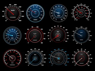 Speedometers, speed indicator vector dashboard dial scales for auto. Vehicle board realistic interface, isolated car speedometers with km digits and arrows, speed accelerate, transportation technology
